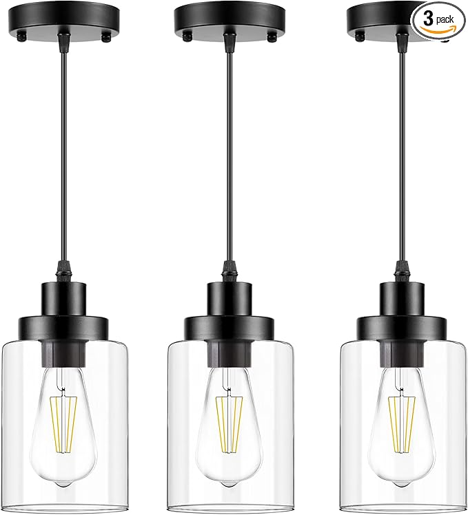 WimiSom Industrial Pendant Lighting, Modern Clear Glass Shade Farmhouse Adjustable Hanging Light Fixtures for Kitchen Island Living Room Bedroom Hallway, 3-Pack