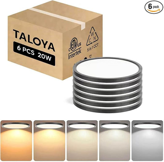 TALOYA 6-Pack 10 Inch Flush Mount LED Ceiling Light Fixture, 5CCT, Black | 100–240 VAC Input,Edge-Lit Low Profile Round Design Ideal for Bedroom,Bathroom,Kitchen,Laundry,Closet