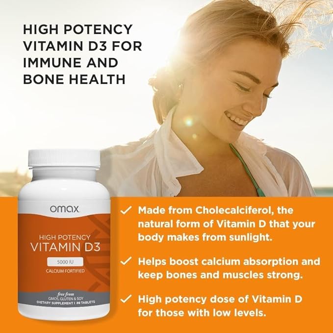 Omax3 Omax Vitamine D3 Haute Puissance 5 000 UI (125 mcg) Os, Muscles & Articulations Solides, Santé Cardiaque, Immunité, Sans OGM, Sans Gluten, Sans Soja - 90 Gélules/par Bouteille (Lot de 2)