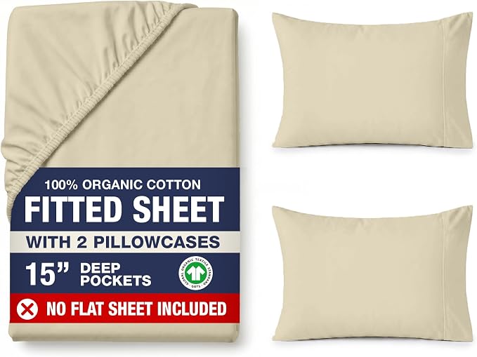 LANE LINEN Queen Fitted Sheet Set (No Flat Sheet) - 100% Organic Cotton Soft & Breathable Percale Weave Fitted Sheet Set for Added Comfort - 15'' Deep Pocket for Snug Fit - GOTS Certified - Linen