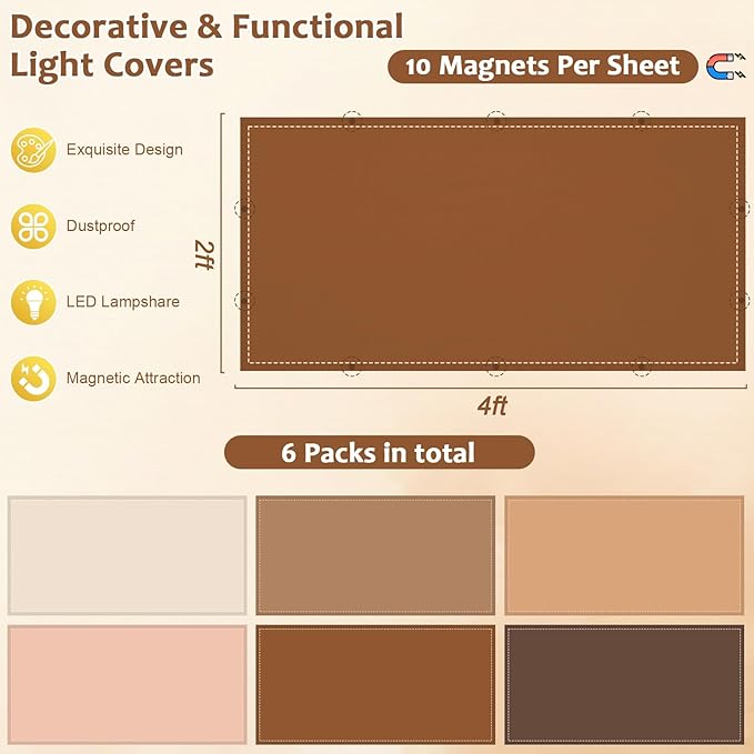 QOUBAI 6PCS Fluorescent Light Covers, 4x2 Feet Magnetic Light Cover Fluorescent Lights Shade Panel Positive Inspirational Ceiling Lights Filters for Office Classroom Home Drop Ceiling Brown