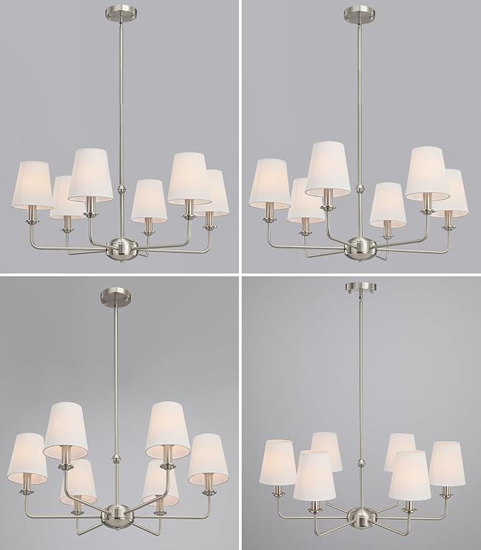 6-Light Brushed Nickel Chandelier with White Fabric Shades, E12 Base Modern Farmhouse Ceiling Light Fixture for Dining Room, Living Room, Bedroom, Kitchen, Foyer, Adjustable Hanging Rod.