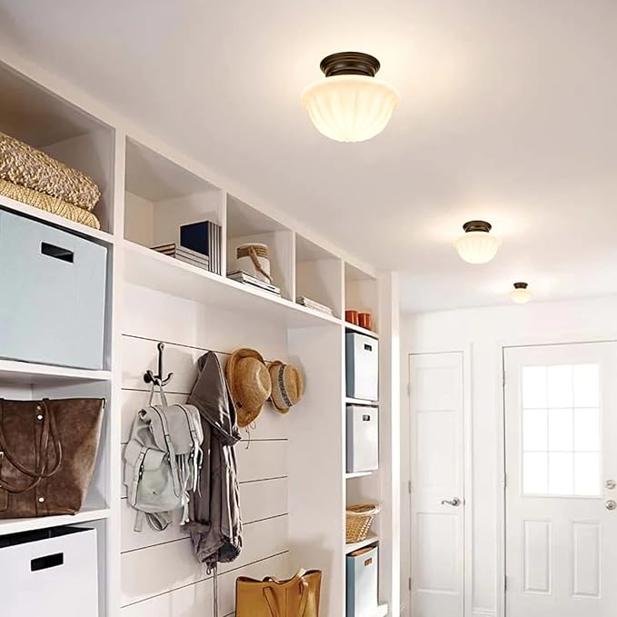 youngrender Black Schoolhouse Light Fixture Ceiling, 9 Inch Hallway Semi Flush Mount Ceiling Lighting, White Milk Glass Ceiling Lights Mid Century for Bedroom, Kitchen, Entryway