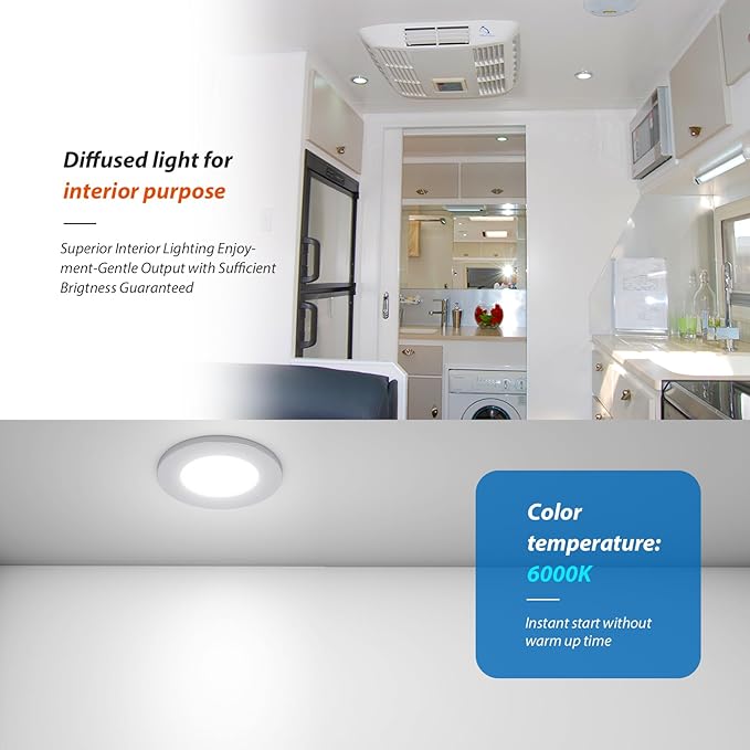 Dream lighting 12V RV Interior LED Puck Lights Recessed Kitchen Ceiling Cabinet Cool White Lighting 2.8inch, Chrome Shell, Pack of 10