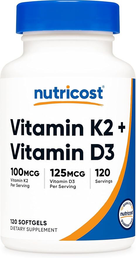 Nutricost Vitamine K2 (MK7) (100mcg) + Vitamine D3 (5000 UI) 120 Gélules Molles - Sans Gluten et Sans OGM