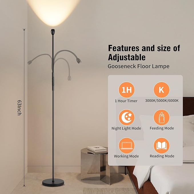 Powfloven LED Beam Reading Floor Lamp, 360° Adjustable Standing Floor Lamp with Flexible Gooseneck, Timer and Zoomable Spotlight, Black Task Bright Lights with Remote for Living Room, Bedroom