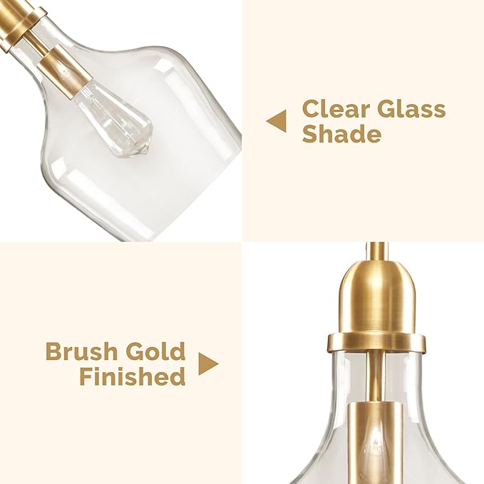 Ink+Ivy Auburn Pendant Kitchen Lighting for Dining Room, Industrial Lights, Hand-Blown Glass Bell Shaped Pendant Light for Kitchen Island, Foyer, Bedroom, 13" Dia x 95.5" H, Gold/Clear