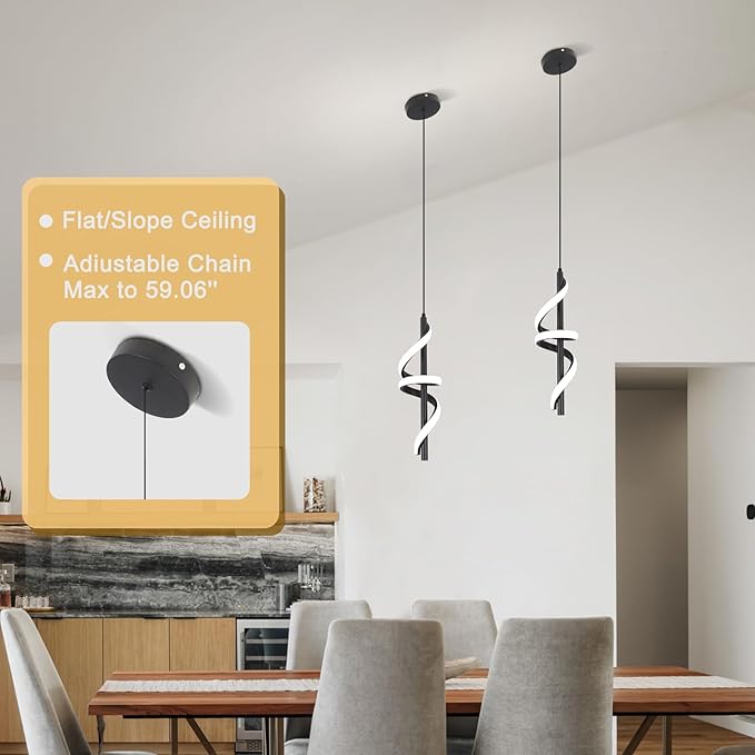 Black Led Pendant Light Fixtures,6000K Cool White Modern Pendant Lights for Kitchen Island,Adjustable Kitchen Island Light Fixture for Dining Room Bedroom Sink, 1 Pack (Black, 2 Packs)