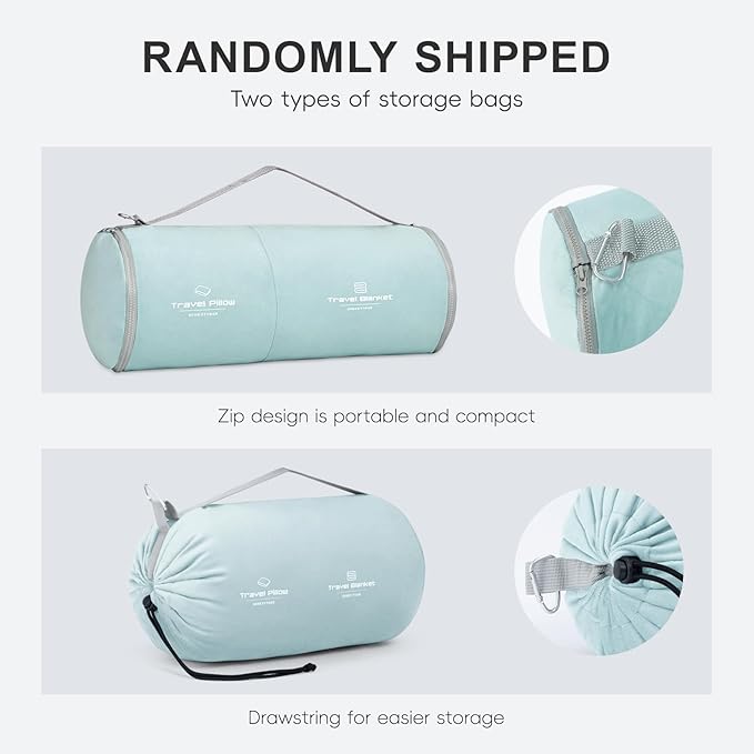 urnexttour Travel Pillow and Blanket Set Neck Pillows Soft Blankets with Sleep Mask Travel Essentials for Airplane Car Memory Foam Blue Green
