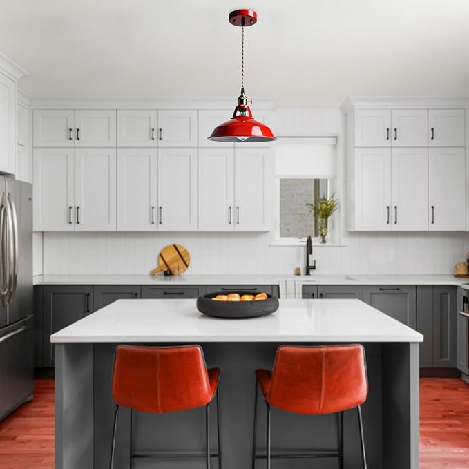 CLAXY Industrial Modern Pendant Light Kitchen Island Red Metal Barn Hanging Light Fixture Height Adjustable E26 Based Light for Kitchen, Loft, Dining, Foyer, Cafe, Bar