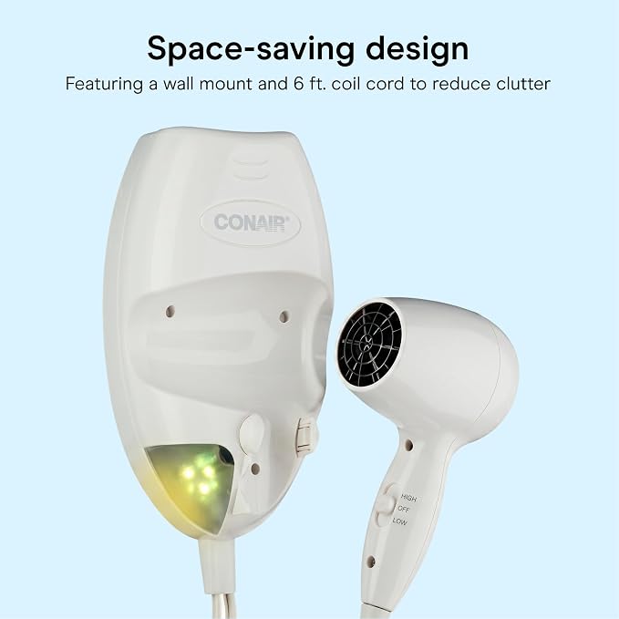Conair Wall Mount Hair Dryer | Space-Saving Wall Mount Design with LED Night Light, 1600W, for Fine, Medium, and Thick Hair, White, 134L