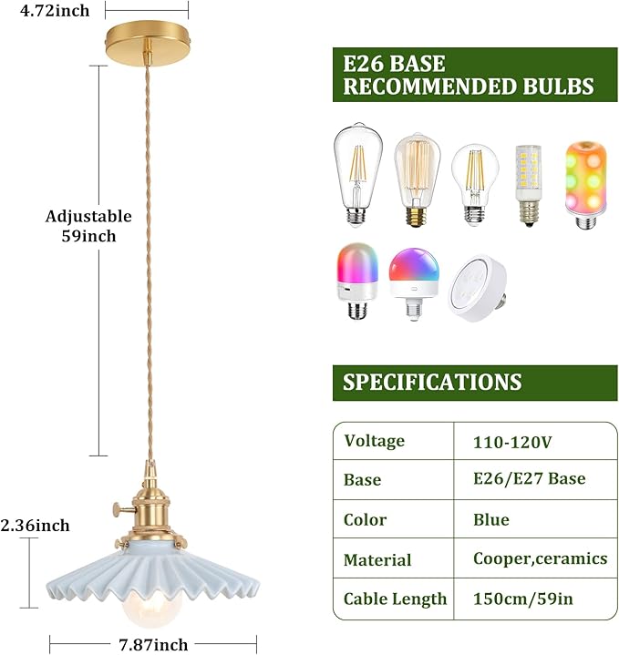 Shenmoyl Pendant Light with Blue Pleated Ceramic Lmapshade, Brass Vintage Pendant Light Adjustable Hanging Light for Kitchen Island Dining Room Hallway