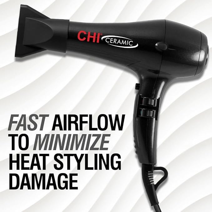 CHI Ceramic 1875 Watt Hair Dryer, Includes A Concentrated Nozzle, Quick-Drying, Reduces Frizz & Increases Shine, Jett Black