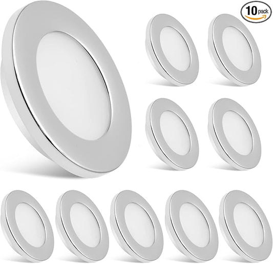 Dream lighting 12V RV Interior LED Puck Lights Recessed Kitchen Ceiling Cabinet Cool White Lighting 2.8inch, Chrome Shell, Pack of 10