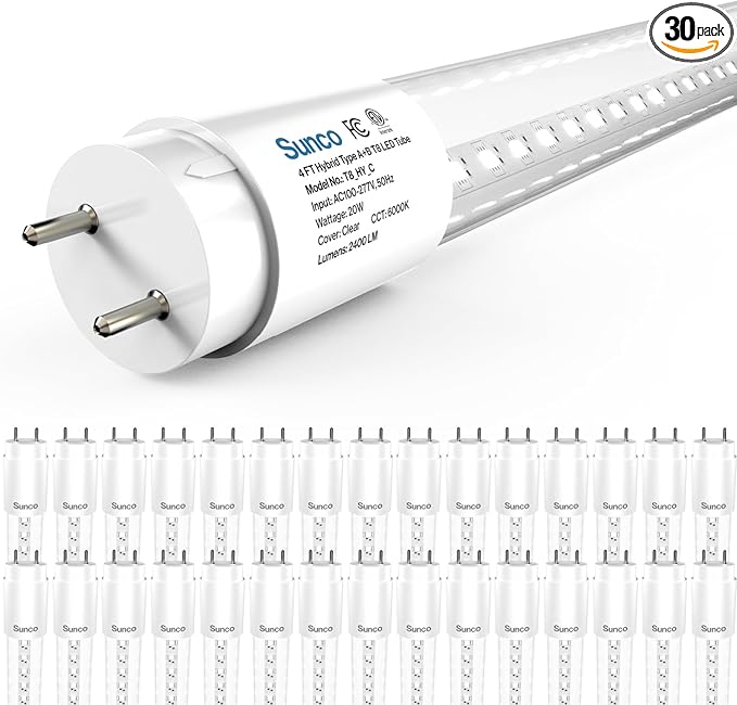 Sunco 30 Pack T8 LED Bulbs 4 Foot, 48 Inch Tube Light Bulbs Fluorescent Replacement, Single or Double Ended Hybrid Type A+B, 2400 LM, 20W, 6000K Daylight Deluxe, Clear Lens ETL.