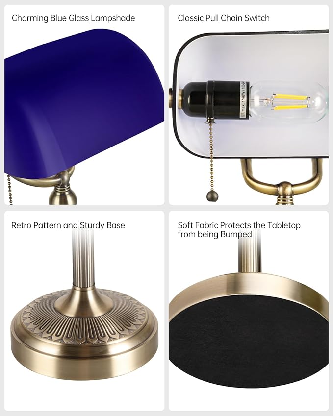Blue Glass Bankers Desk Lamp with Pull Chain Switch Plug in Fixture for Home Office,Library