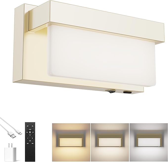 Battery Wall Sconce Champagne Gold Wall Light with On/Off Switch 8 inch LED Wall Lamp Acrylic Lampshade 3CCT Sconce Wall Lighting