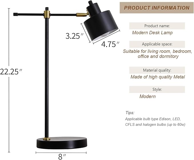 OYEARS 22.2" Modern Desk Lamp, Metal Table Lamp with LED Bulb, Adjustable Reading Lamps for Living Room, Mid Century Task Lamp for Home Office, Industrial Bedside Lamps with Solid Base,Black