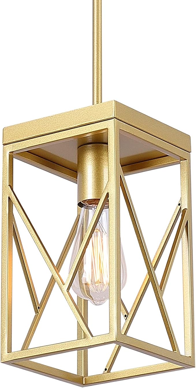 Fivess Lighting Modern Gold Pendant Light with Metal Cage, One-Light Adjustable Rods Mini Pendant Lighting Fixture for Kitchen Island Cafe Bar Farmhouse