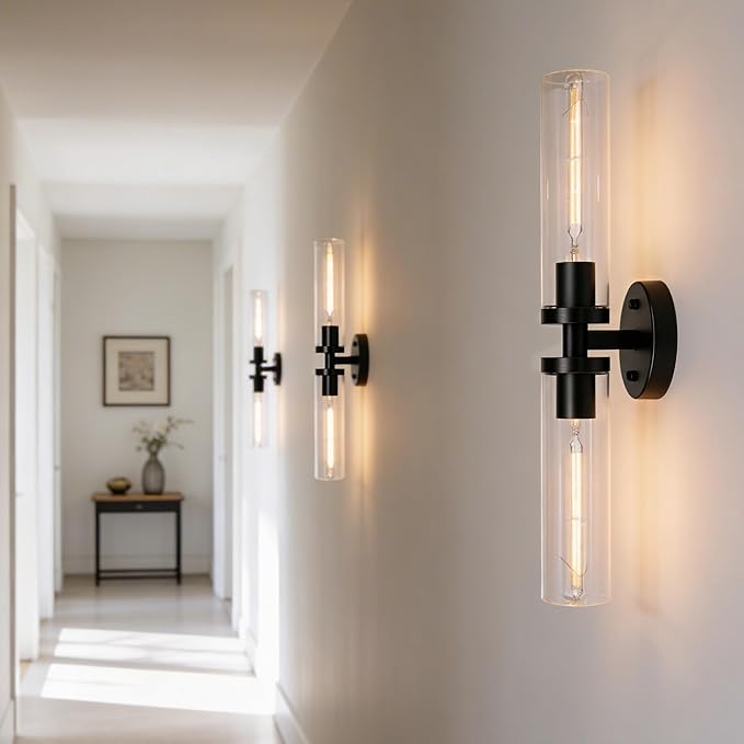 Wall Sconces Set of 2, Hardwired Bathroom Light Fixtures, Modern Bathroom Vanity Wall Lighting with Clear Glass Shade, Farmhouse Wall Sconce for Mirror Bedroom Hallway, Matte Black, E26 Base