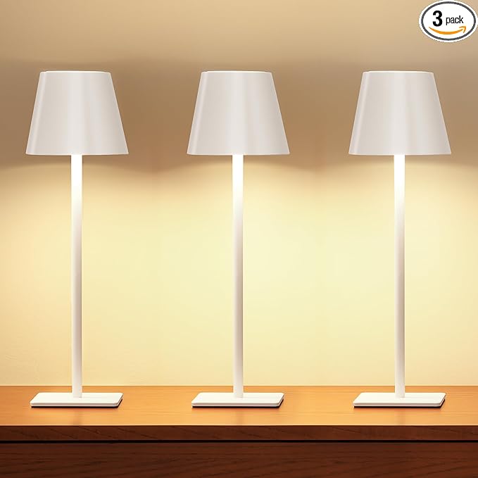 UME 3 Pack Cordless Table Lamp, Battery Operated Lamp - Portable Waterproof Rechargeable Table Lamp 3 Color Temps & Stepless Dimming for Dinner, Desk, Cafe, Outdoor (White)