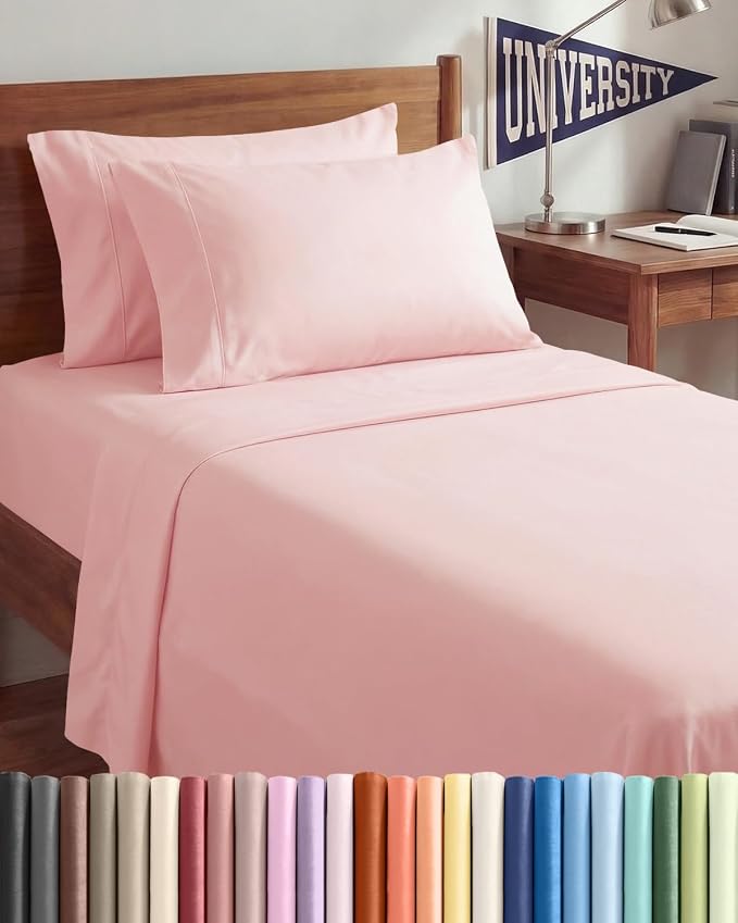Twin XL 4 Piece Sheet Set - Comfy Breathable & Cooling - Ultra-Soft Hotel Luxury Bedding Set w/ 8-16 Inch Deep Pockets - 1 Flat & 1 Fitted Sheet & 2 Pillowcases - Wrinkle Free & Easy Care - Baby Pink