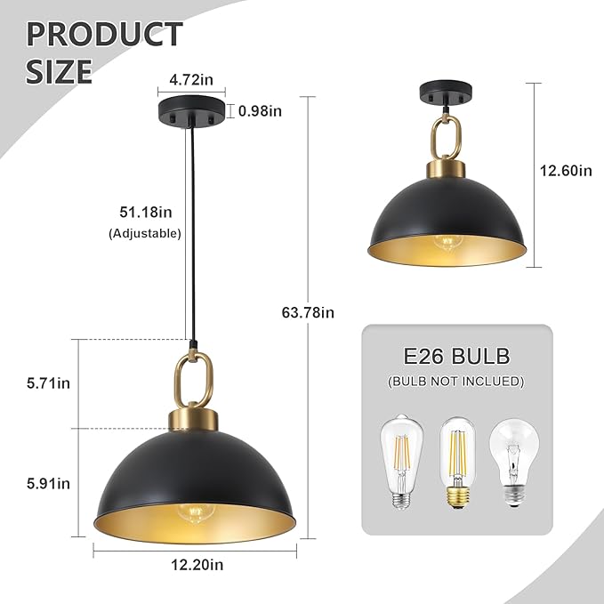 12.2 Inch Matte Black Pendant Lights Kitchen Island, Farmhose Kitchen Island Lighting, Adjustable Height Modern Dome Pendant Light Fixture for Dining Living Room Bar 2 Pack