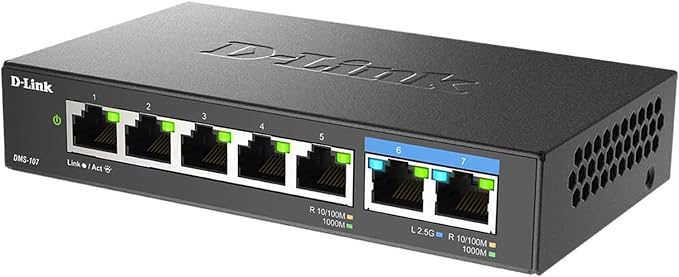 D-Link 7-Port 2.5GB Unmanaged Gaming Switch with 2 x 2.5G, 5 x 10/100/1000 Mbps - Multi-Gig, Network, Fanless, Plug & Play (DMS-107) Black