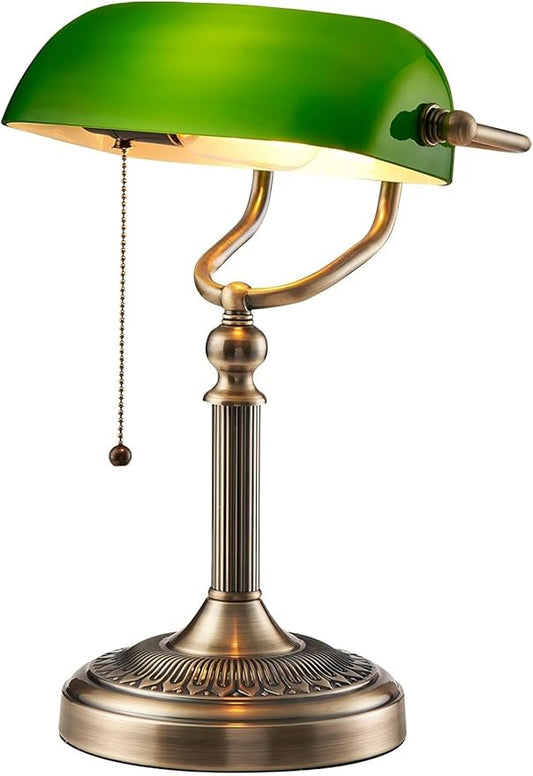 Green Glass Bankers Desk Lamp with Pull Chain Switch Plug in Fixture