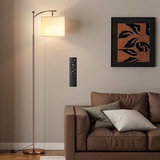 Ambimall 60" Floor Lamp with Remote Control and Stepless Dimmable Bulb, Colors Temperature & Brightness Adjustable, Modern Floor Lamps for Living Room, Beige Shade & Brown Pole