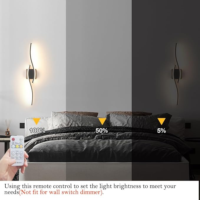 Daunton Modern Hardwired Wall Sconce Set of 2, LED Black Wall Light with Remote Control, RC Dimmable LED Wall Light Indoor, Wall Decor for Hallway Bedroom Living Room TV Wall, 27.5 in, Timer, Memory