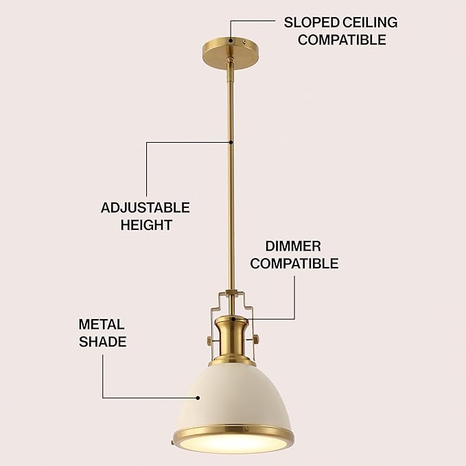 JONATHAN Y JYL9535F 10" Modern Industrial Dome Pendant Light, Farmhouse Hanging Light Fixture in Almond and Brass Gold, Adjustable Height Metal Lighting for Kitchen Island, Dining Room, Entryway