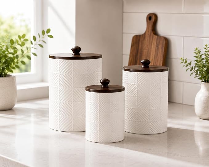 Ceramic Canisters Sets for the Kitchen - Kitchen Canisters for Countertop with Airtight Bamboo Lids - Ceramic Canister Set of 3 for Flour, Sugar, Tea or Spice - Airtight Coffee Canister