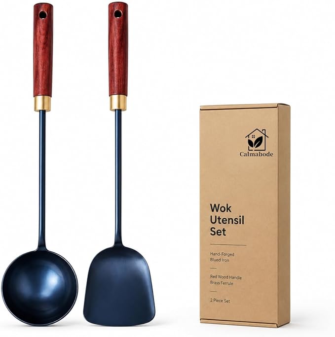 Calmabode 11” Hand-Forged Blued Iron Wok Spatula and Ladle Set | Hand-forged blued iron utensils with heat-resistant wood handles, ideal for wok cooking, stir-fry, sautéing and serving