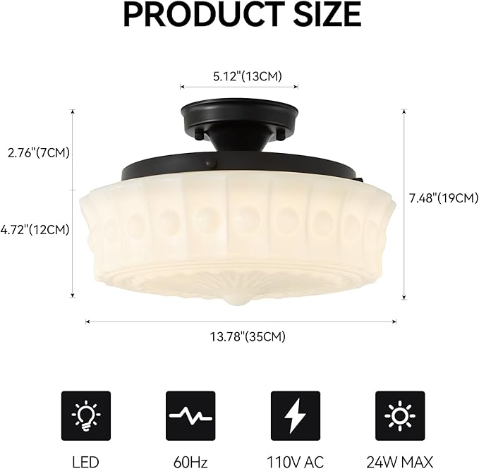 youngrender 14" Milk Glass Schoolhouse Light Fixture, Vintage Black Flush Mount Ceiling Light,Mid Century Schoolhouse Ceiling Light for Bedroom Kitchen Hallway Entryway Foyer