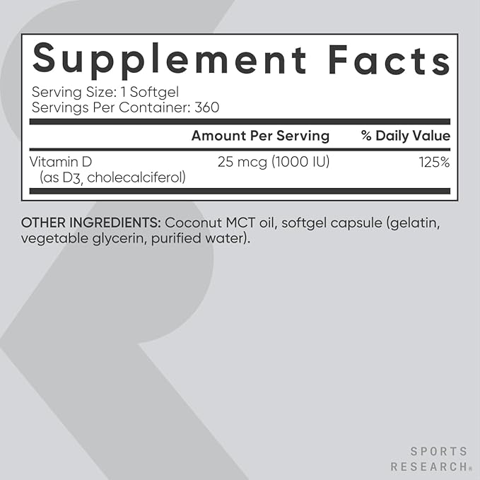 Sports Research® Vitamine D3 1000 UI avec huile de coco MCT - Supplément de vitamine D à haute puissance pour le soutien immunitaire et osseux - Sans gluten · Sans OGM · Sans soja - 360 gélules