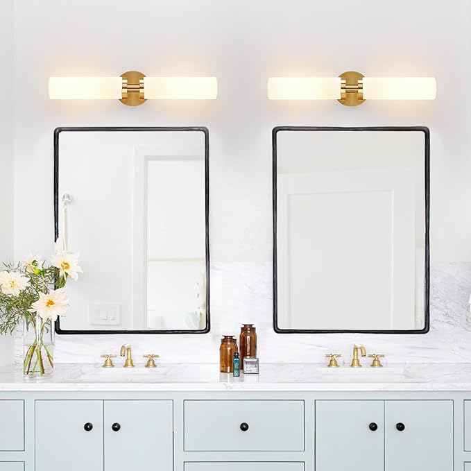 Wall Sconces Set of Two, Hardwired Brushed Gold Bathroom Sconces Wall Lighting with Milky White Glass, Modern Sconces Wall Decor Set of 2 Bathroom Light Fixtures for Mirror Living Room Hallway Bedroom