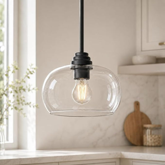 AUTELO Black Pendant Lights Kitchen Island, 1-Light Pendant Lights in Black Finish with Clear Glass, Modern Pendant Light Fixtures, Hanging Lamp for Kitchen Island H9385 BK-R