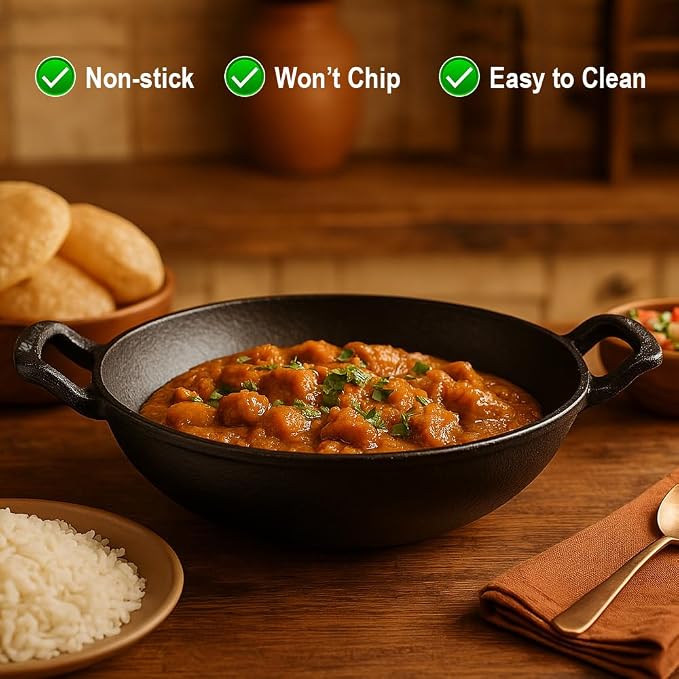 LIVEVIE Cast Iron Deep Kadai Wok with Dual Handles, Heavy-Duty Cooking Pot for Deep Frying, Stir-Frying, Curries – Gas, Grill & Open Flame Compatible, 10 Inch