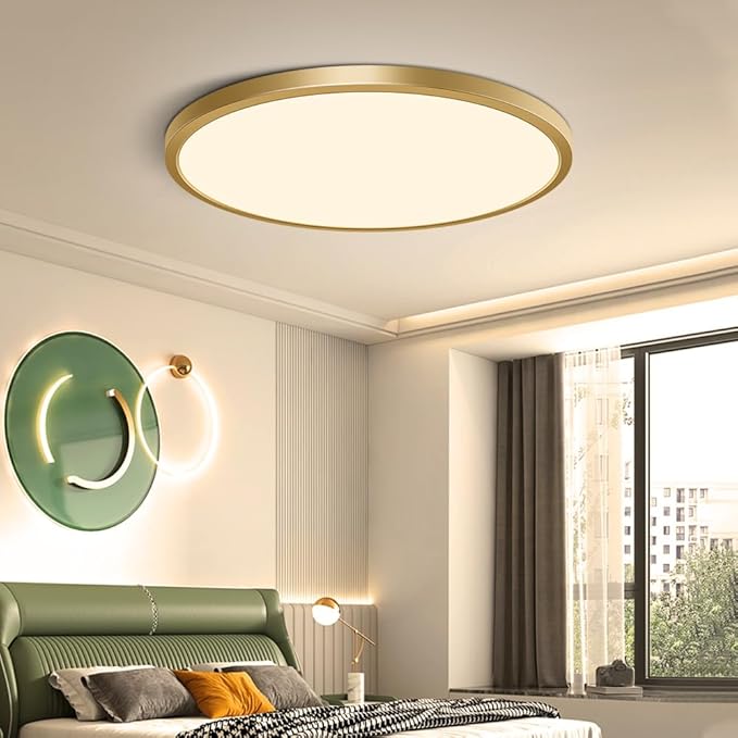 12 Inch Gold LED Ceiling Light, 3000K Warm White, 24W Gold Flush Mount Ceiling Light, 3200LM Round Low Profile Ceiling Lights for Bedroom, Living Room, Dining Room