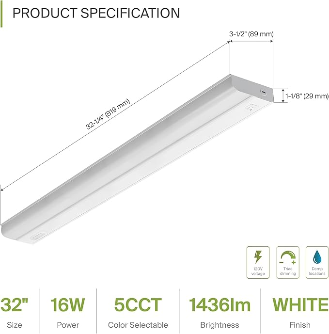 ASD LED Under Cabinet Lighting Hardwired, 32 Inch 16W 2700K-5000K Selectable, 1436LM, CRI90+, Direct Wire Linkable Under Counter Lights for Kitchen, Dimmable Under Cabinet Lights, White, UL, 12 Pack