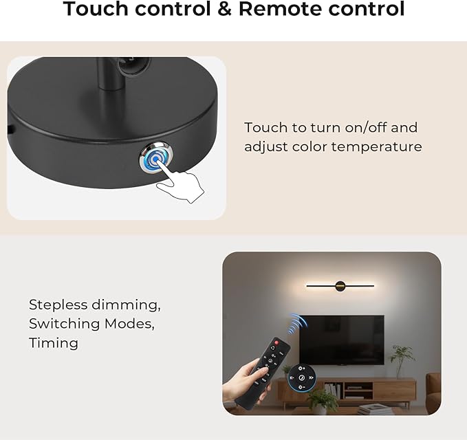 GvvooHome 28.3" Battery Operated Wall Sconces Set of 2, 360°Rotation Rechargeable Wall Lights with Remote Control, 3000K-6500K LED Detachable Wall Lamp for Bedroom, Hallway, Black Gold