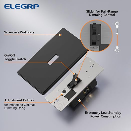 ELEGRP Digital Dimmer Switch for LED/CFL, Toggle Dimmer Switch with Decorative Frameless Design Wallplate, Single Pole/3-Way, UL Listed, 6 Pack, Black