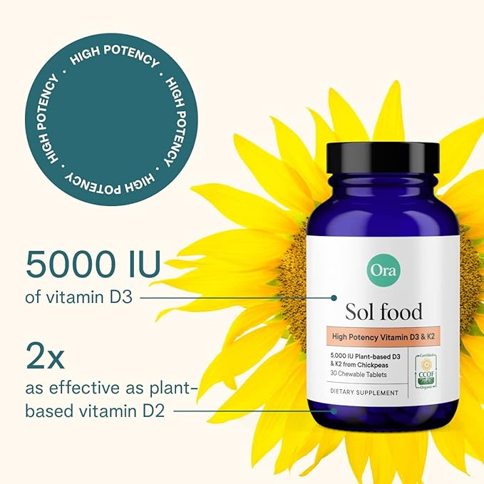 Ora Organic ビタミンD3 5000IU + K2 - 骨の健康、免疫サポート、気分に役立つ、地衣類由来のビーガンビタミンDとひよこ豆由来のK2、最大吸収 - 1ヶ月分、チュアブルタブレット30錠（2個パック）