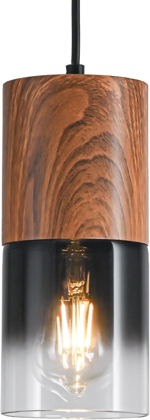 Modern Pendant Lights for Kitchen Island, Adjustable Black Pendant Light Fixtures with Brown Wood Grain, Industrial Glass Pendant Lights for Dining Table Hallway Bedroom Living Room,1 Pack