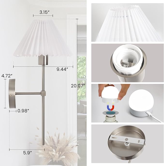 Wireless Wall Sconce Sets of 2, Pleated Shades Rechargeable Battery Operated Wall Sconce, Retro Industrial Brushed Nickel Bathroom Vanity Lights, Wall Mounted Lamps for Bedroom Living Room Hallway