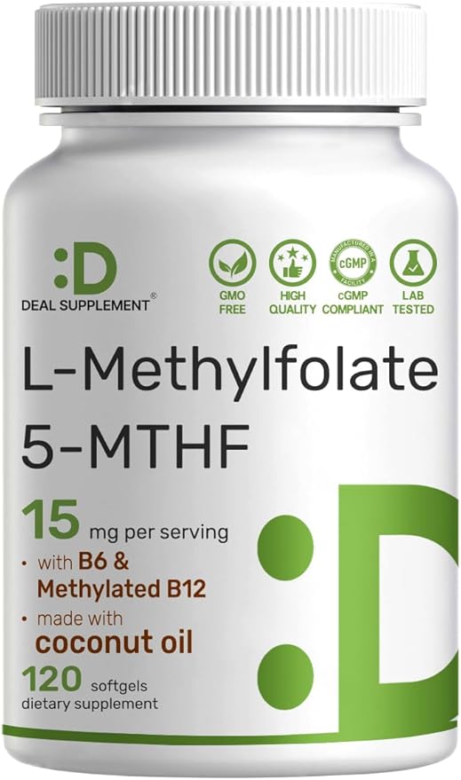 DEAL SUPPLEMENT L-Methylfolate 15 mg Per Serving, 120 Coconut Oil Softgels | 3-in-1 with Active 5-MTHF Methylated Vitamin B9, B6 & Methylated B12 | Active Folate Supplement | Non-GMO, Gluten Free