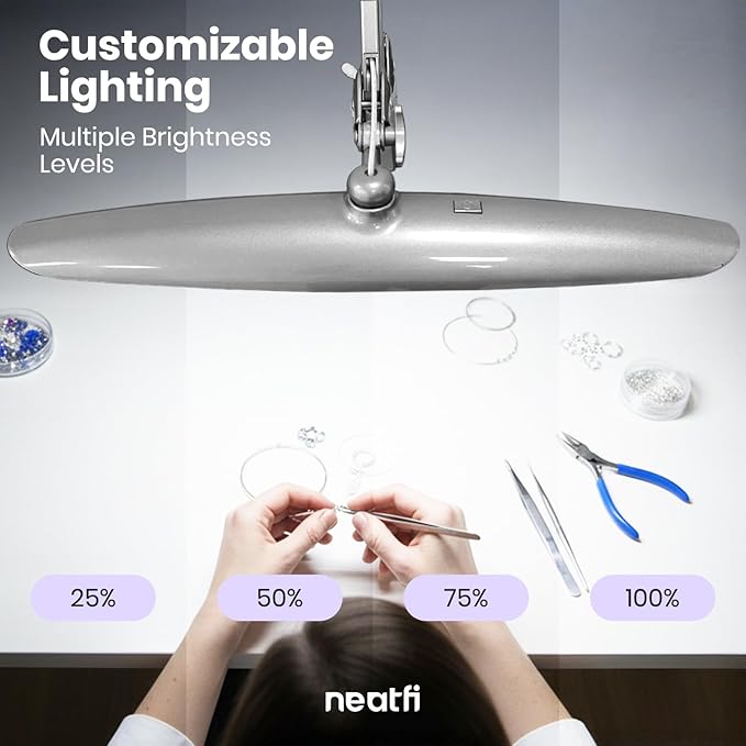 Neatfi XL 2200 Lumens 24W LED Desk Lamp – Shadow-Free Task Lighting | 4-Level Dimming | Home Office & Crafts Use | 20-Inch Wide Head (Silver, Non-CCT with Clamp)