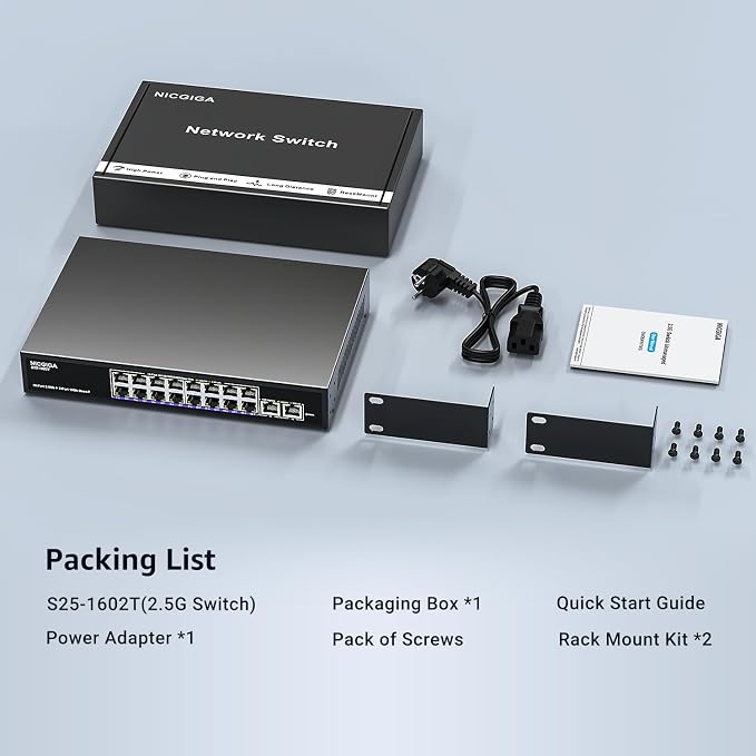 10Gbe Ethernet Switch Unmanaged with 2 x 10Gb RJ45 Ports + 16 x 2.5Gb Base-T Ports, Desktop/19-inch Rack Mount, NICGIGA 18 Port 10Gbps Network Switch for Wireless AP, NAS, PC