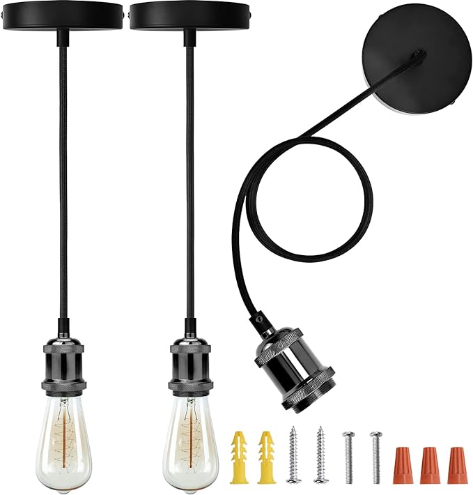 JACKYLED 2 Pack Mini Pendant Light Kit UL Vintage Socket E26 E27 Lampholder Black Woven Fabric Pendant Light Cord Adjustable Canopy Kit